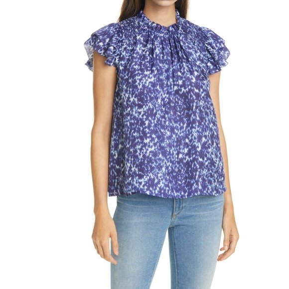 NWT Sea NY Celine Smocked Blouse Top Shirt Womens Small Blue White Sleeveless